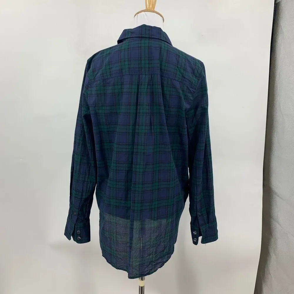 J Crew Popover Shirt Womens M Medium Plaid Beaded Pockets Half Button Oversized